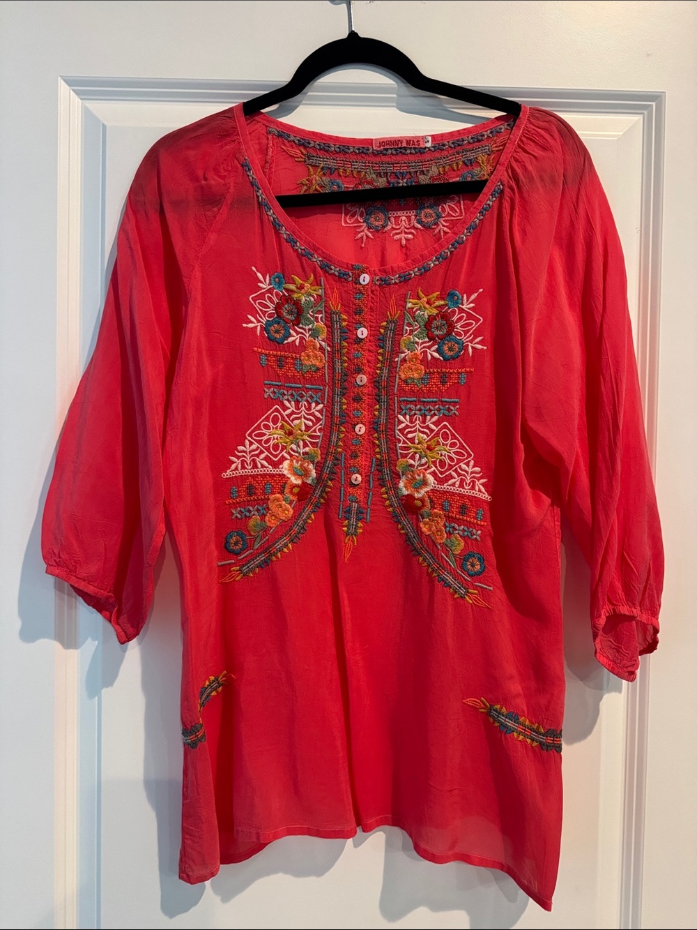 Johnny Was Coral Embroidered Boho Tunic Top